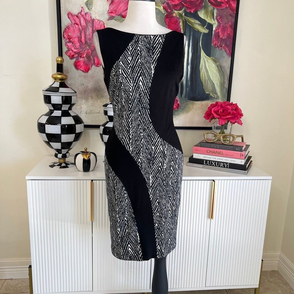 Cache Women's Tweed Herringbone Sleeveless Sheath Dress Black White Size 2